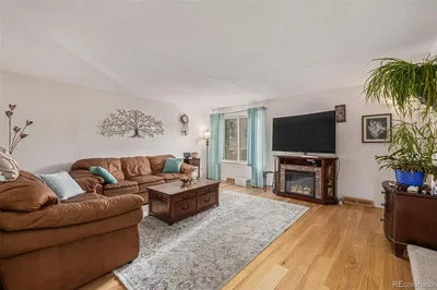 Living room; wood floor, natural light, modern style, high ceiling