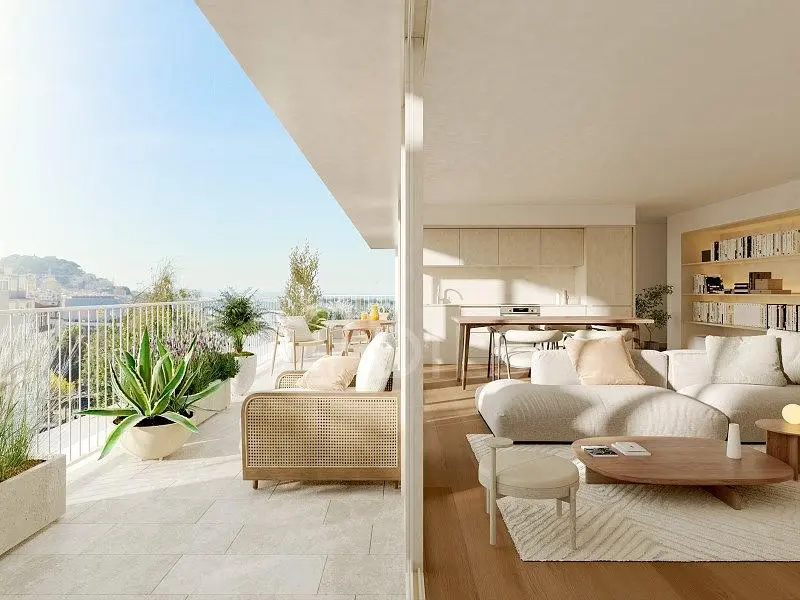 Living room; wood floor, natural light, modern style, high ceiling