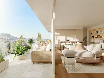 Living room; wood floor, natural light, modern style, high ceiling