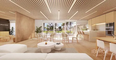 Living room; wood floor, natural light, modern style, high ceiling