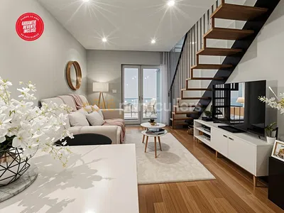 Living room; wood floor, natural light, modern style, high ceiling