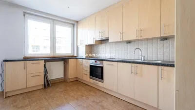 Kitchen; kitchen appliances, wood floor, natural light, modern style, renovated