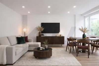 Salon; parquet, lumière naturelle, style moderne, hauteur sous plafond