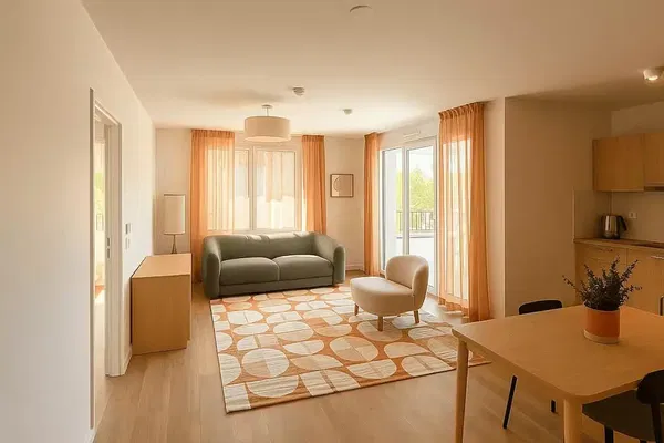 Woonkamer; houten vloer, natuurlijk licht, moderne stijl, hoge plafonds