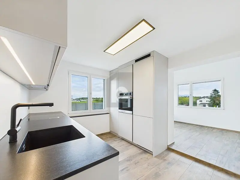 Wohnzimmer; holzboden, tageslicht, moderner stil, hohe decken