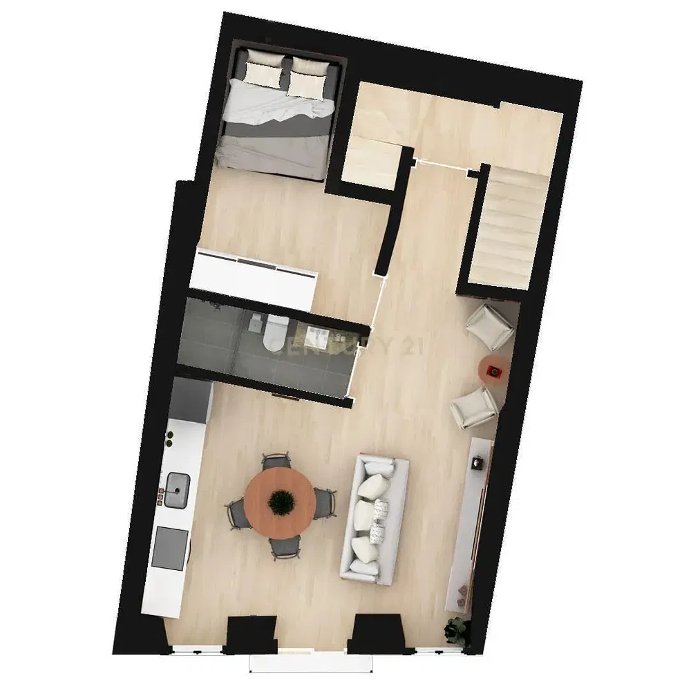 Living room; wood floor, natural light, modern style, high ceiling