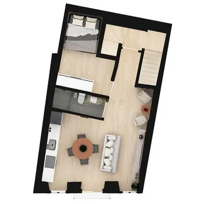 Living room; wood floor, natural light, modern style, high ceiling