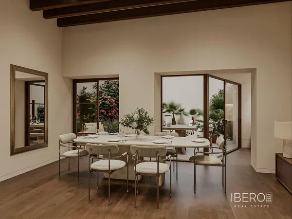 Woonkamer; houten vloer, natuurlijk licht, moderne stijl, hoge plafonds