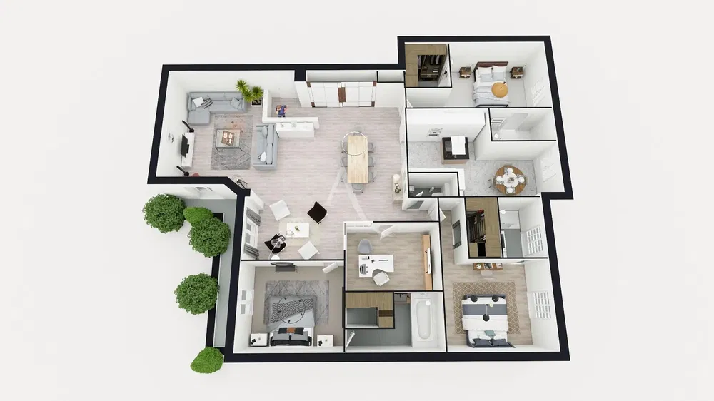 Soggiorno; pavimento in legno, luce naturale, stile moderno, soffitti alti