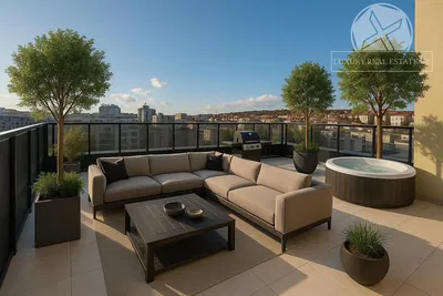 Dnevni boravak; drveni pod, prirodna svjetlost, moderan stil, visoki stropovi