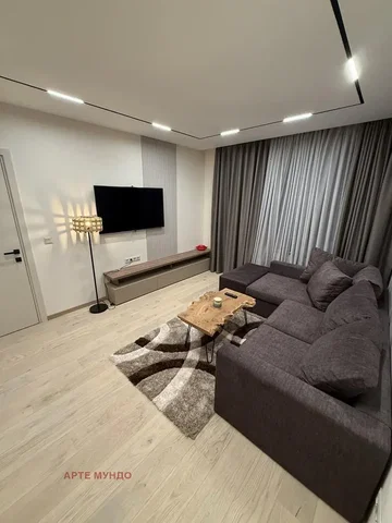 Living room; wood floor, natural light, modern style, high ceiling