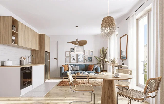 Soggiorno; pavimento in legno, luce naturale, stile moderno, soffitti alti
