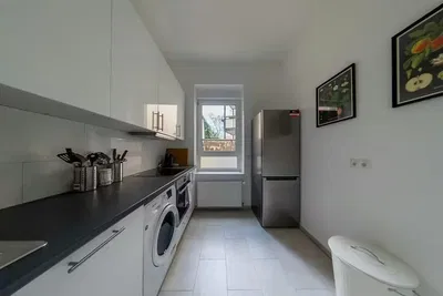 Kitchen; kitchen appliances, wood floor, natural light, modern style, renovated