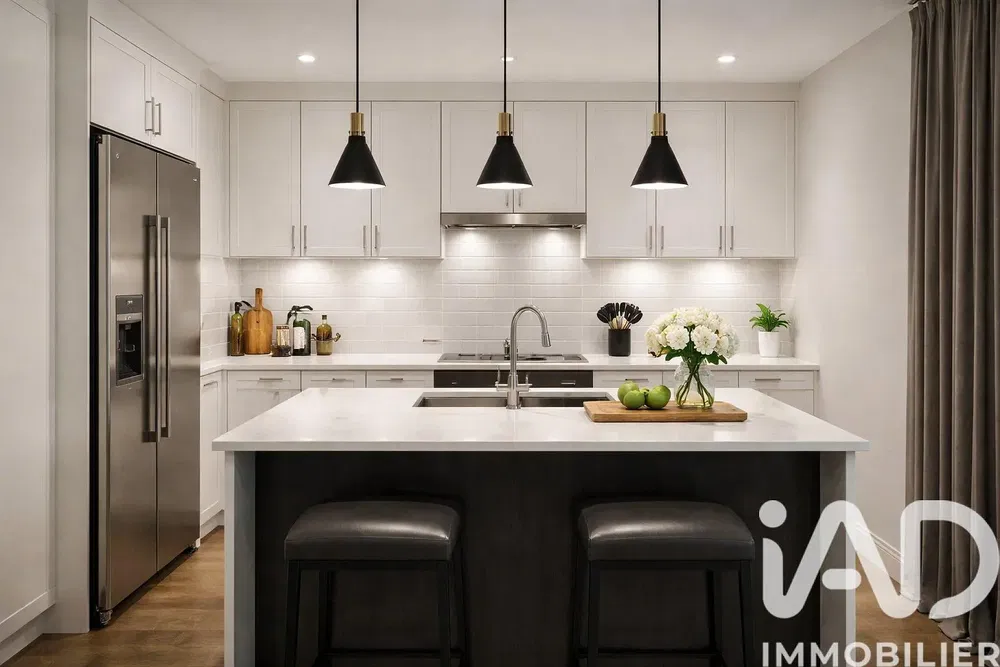 Kitchen; kitchen appliances, wood floor, natural light, modern style, renovated