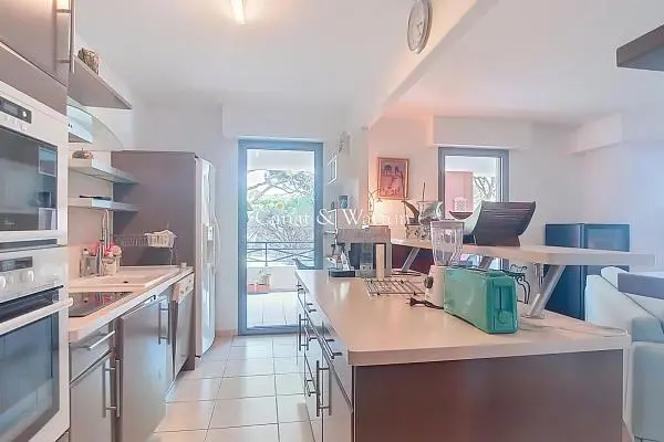 Kitchen; kitchen appliances, wood floor, natural light, modern style, renovated