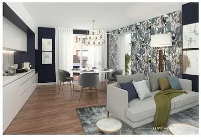 Хол; дървен под, естествена светлина, модерен стил, високи тавани