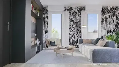 Soggiorno; pavimento in legno, luce naturale, stile moderno, soffitti alti