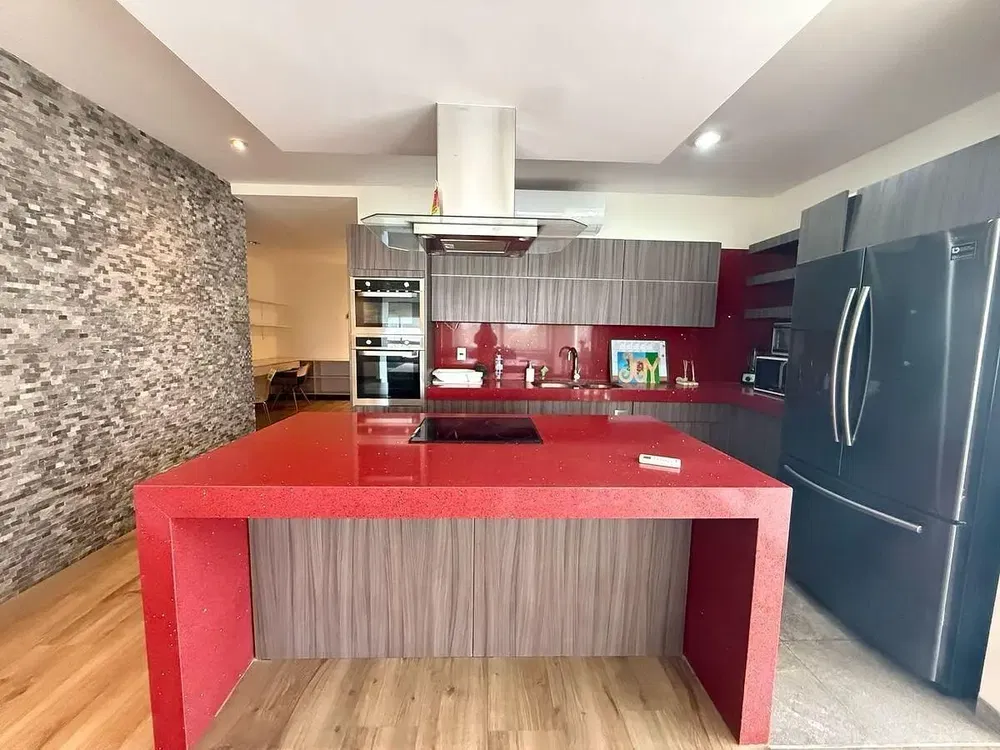 Kitchen; kitchen appliances, wood floor, natural light, modern style, renovated