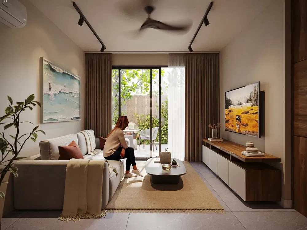 Salon; parquet, lumière naturelle, style moderne, hauteur sous plafond