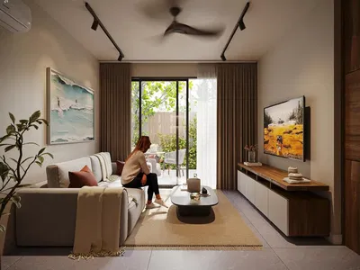 Salon; parquet, lumière naturelle, style moderne, hauteur sous plafond