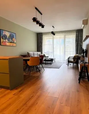 Kitchen; kitchen appliances, wood floor, natural light, modern style, renovated