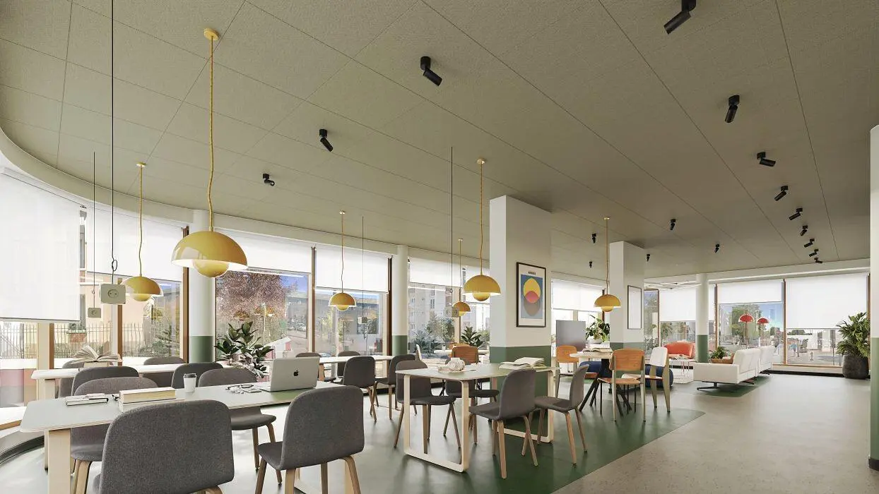 Wohnzimmer; holzboden, tageslicht, moderner stil, hohe decken