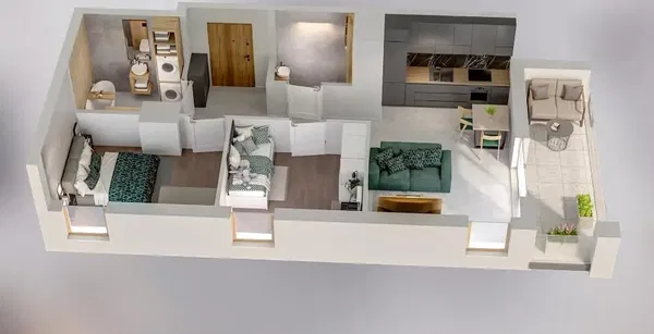 Woonkamer; houten vloer, natuurlijk licht, moderne stijl, hoge plafonds