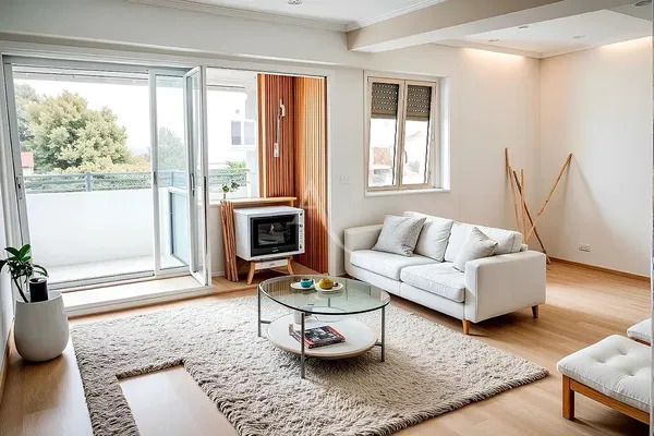 Wohnzimmer; holzboden, tageslicht, moderner stil, hohe decken