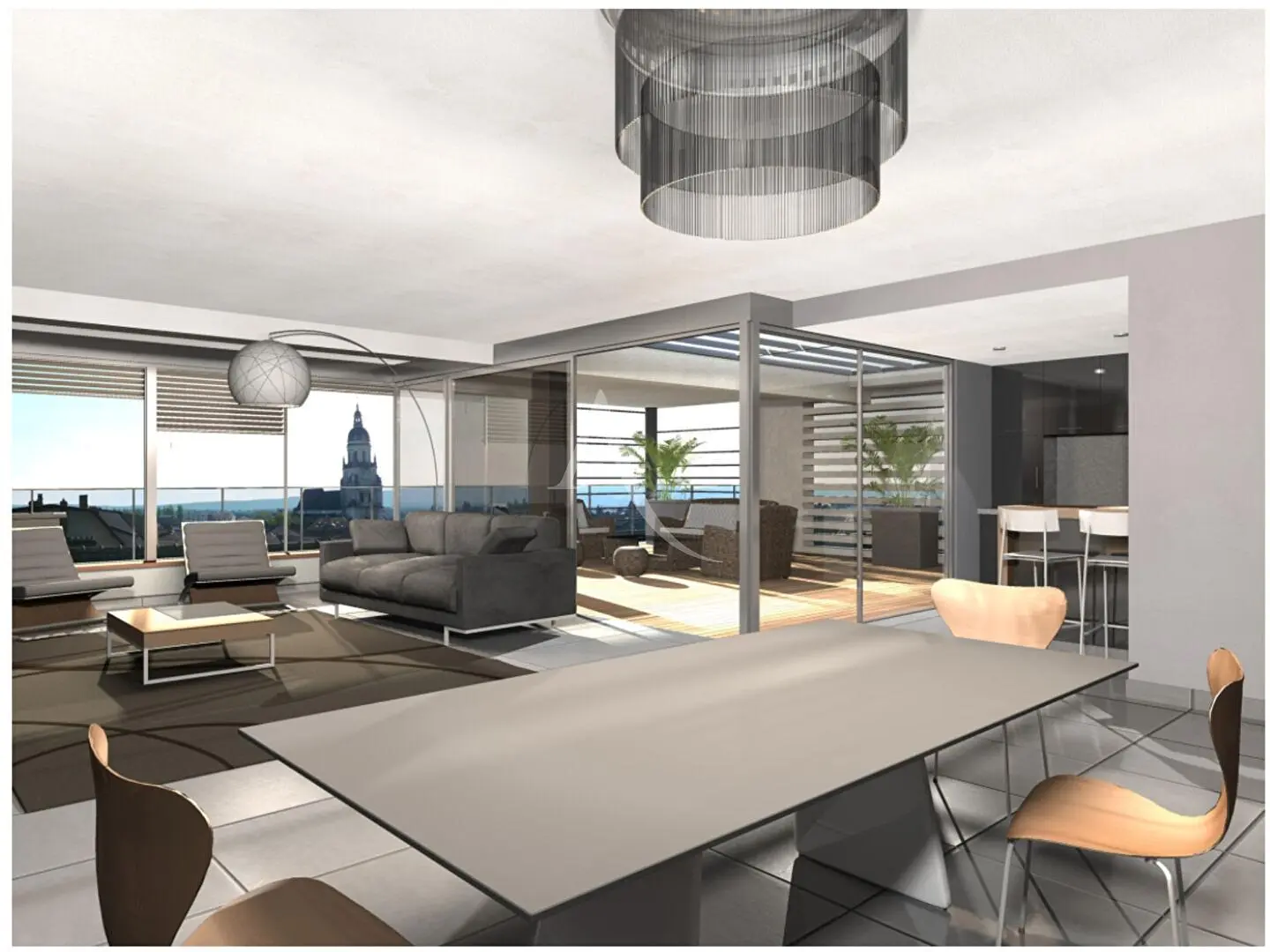 Wohnzimmer; holzboden, tageslicht, moderner stil, hohe decken