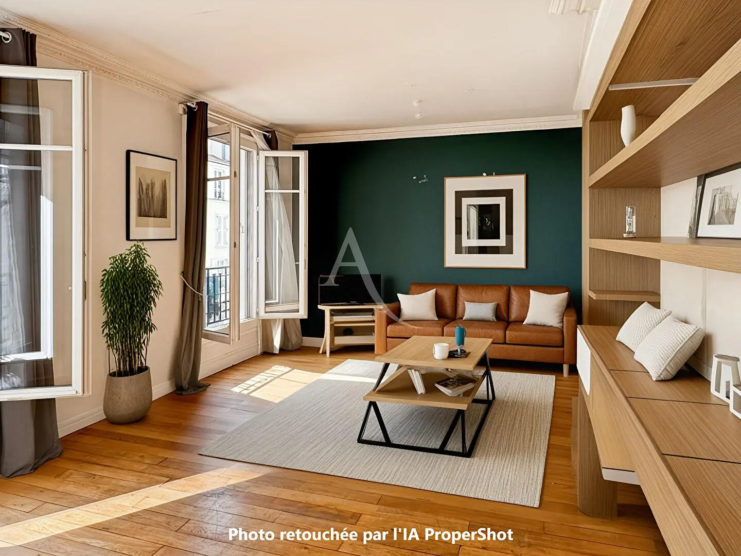 Living room; wood floor, natural light, modern style, high ceiling