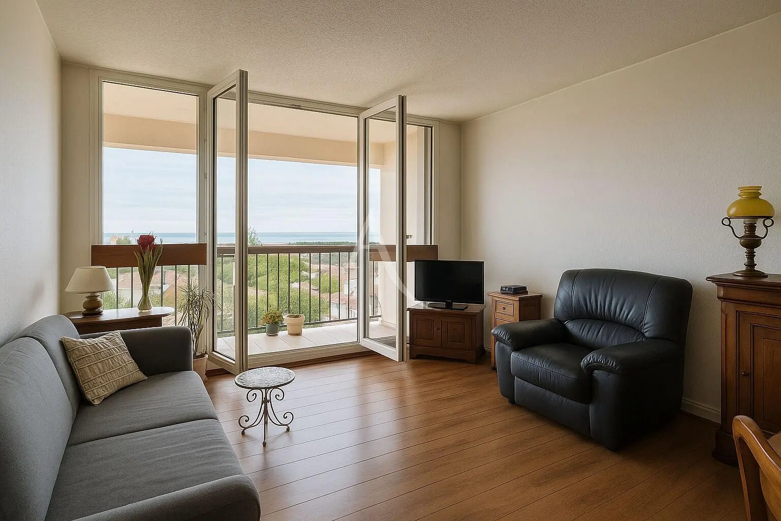 Wohnzimmer; holzboden, tageslicht, moderner stil, hohe decken