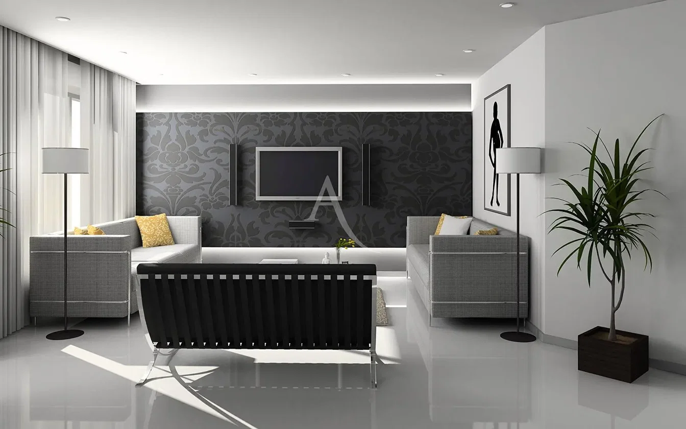 Salon; parquet, lumière naturelle, style moderne, hauteur sous plafond