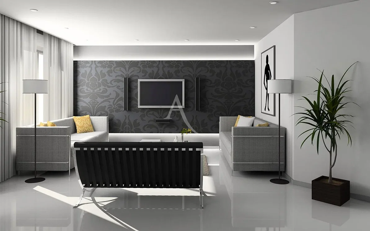 Salon; parquet, lumière naturelle, style moderne, hauteur sous plafond