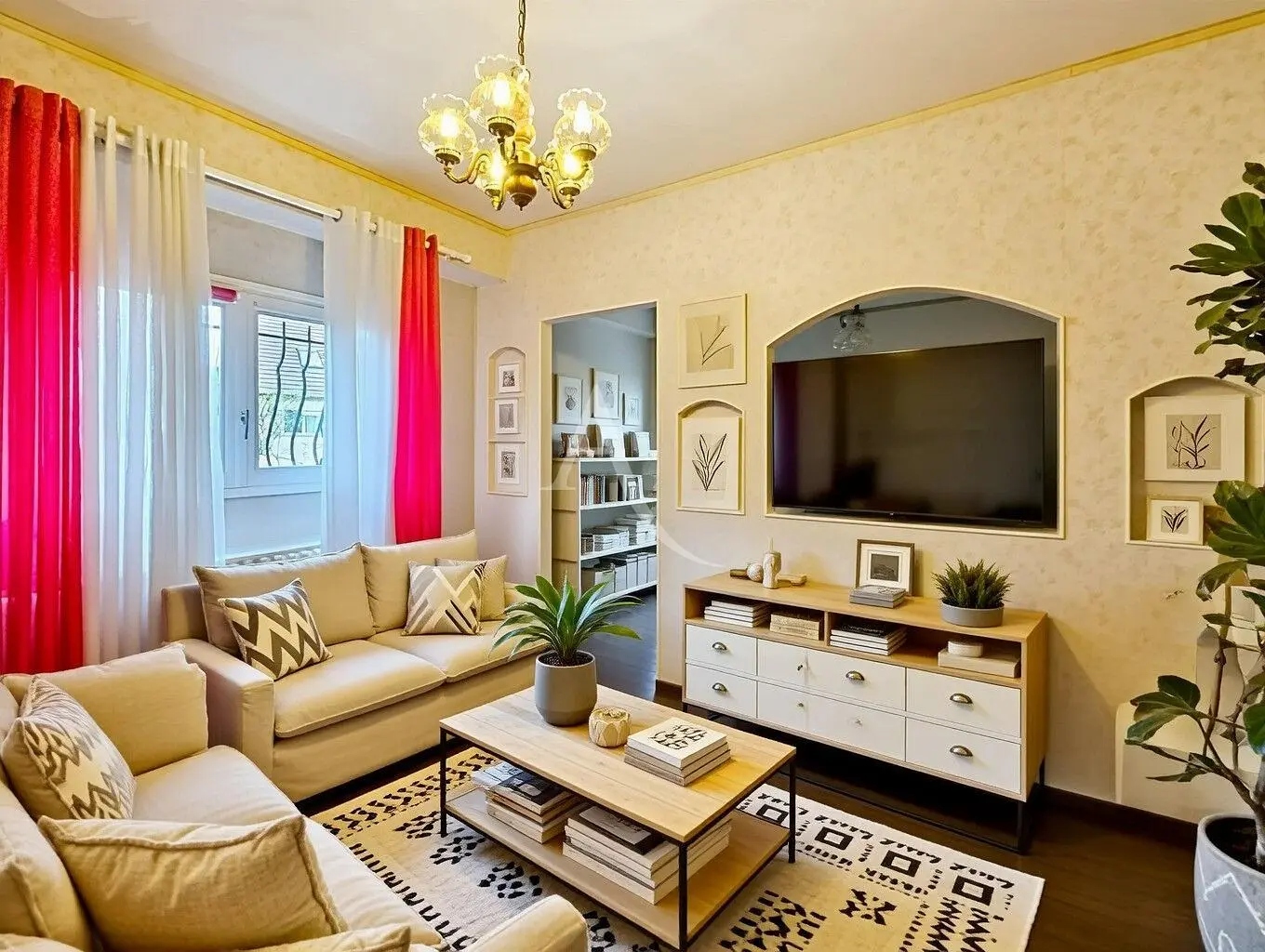 Salon; parquet, lumière naturelle, style moderne, hauteur sous plafond