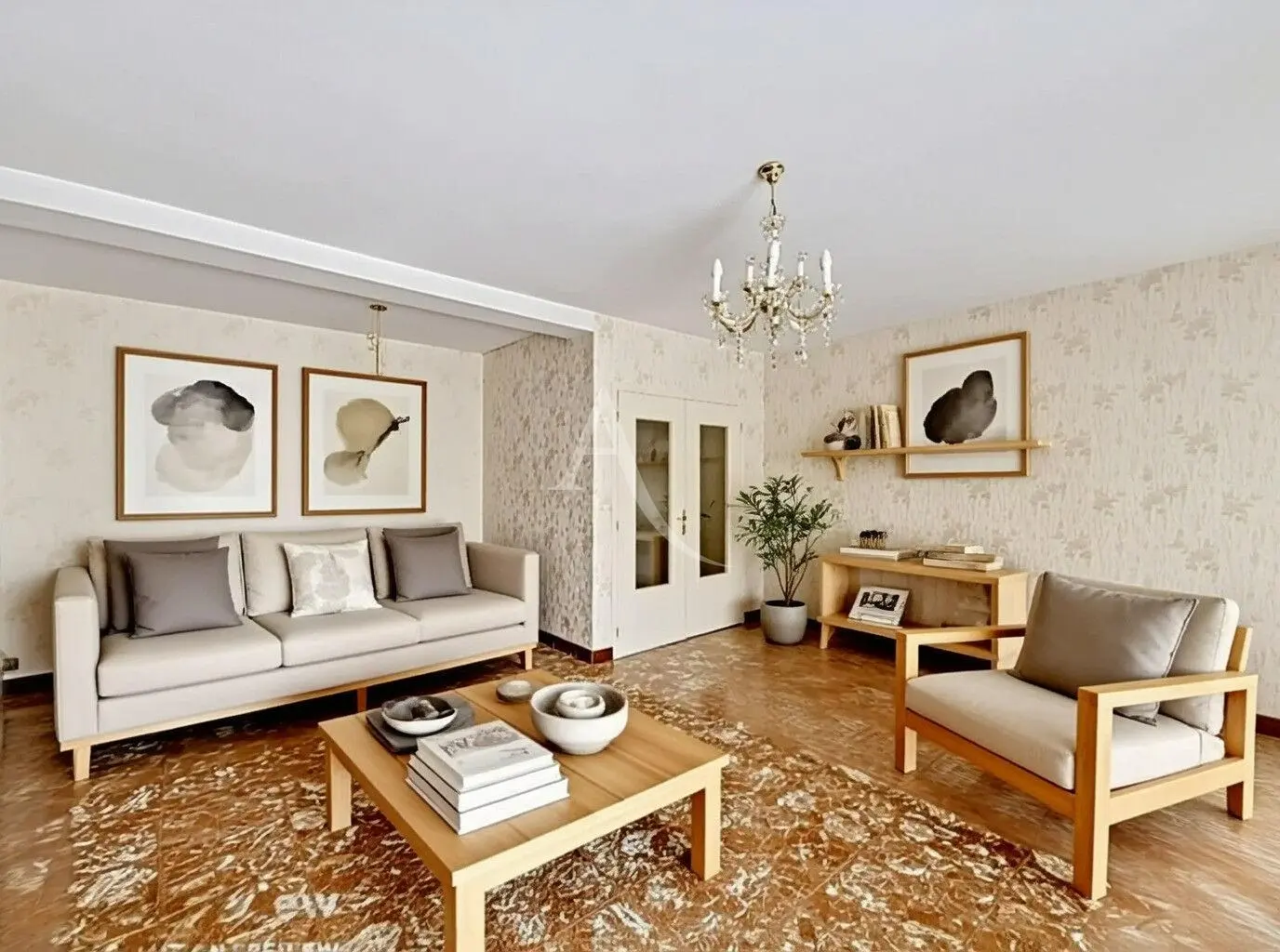 Wohnzimmer; holzboden, tageslicht, moderner stil, hohe decken