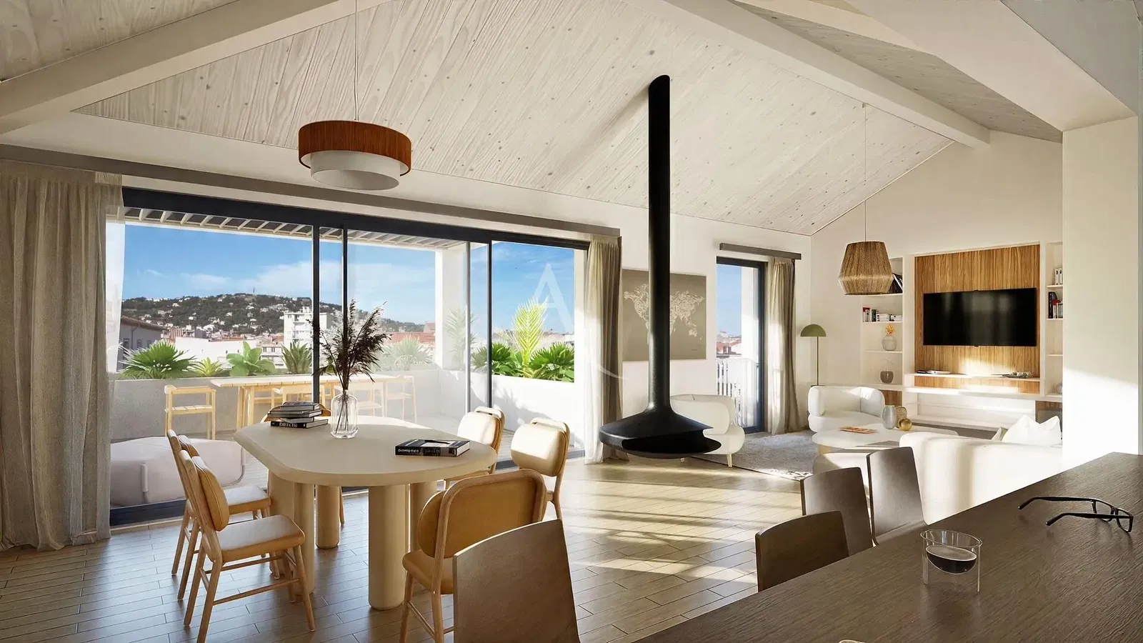 Oturma odası; ahşap zemin, doğal ışık, modern stil, yüksek tavan