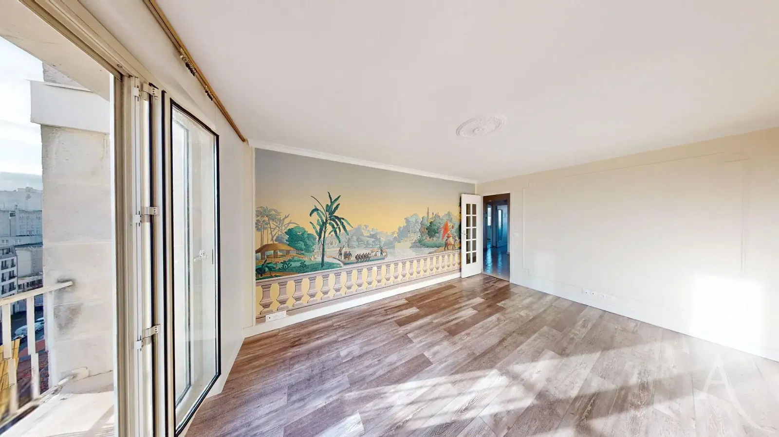 Oturma odası; ahşap zemin, doğal ışık, modern stil, yüksek tavan