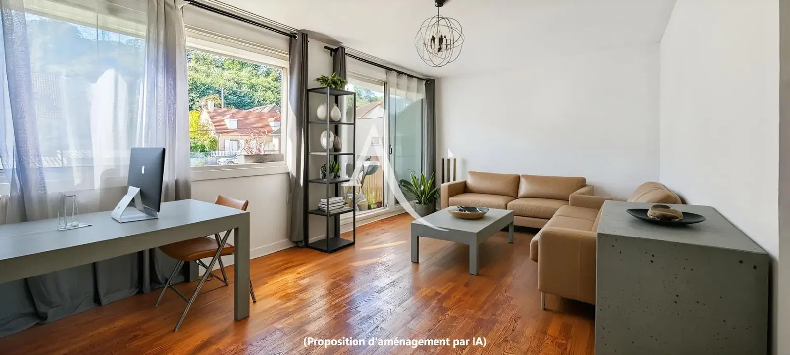 Wohnzimmer; holzboden, tageslicht, moderner stil, hohe decken