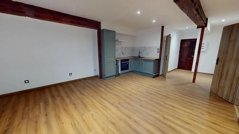 Kitchen; kitchen appliances, wood floor, natural light, modern style, renovated