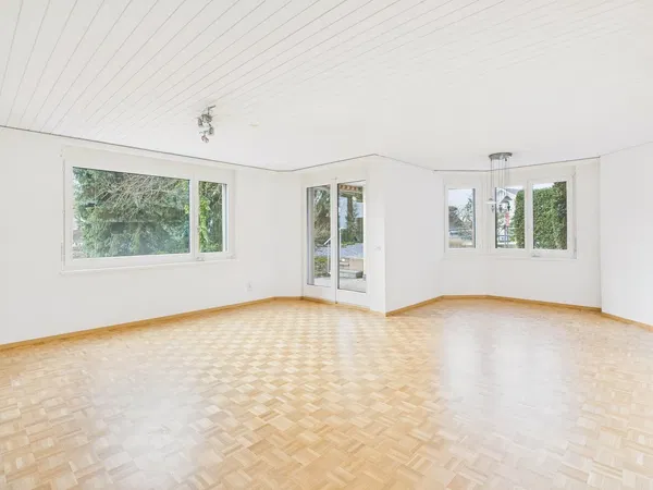 Salon; parquet, lumière naturelle, style moderne, hauteur sous plafond