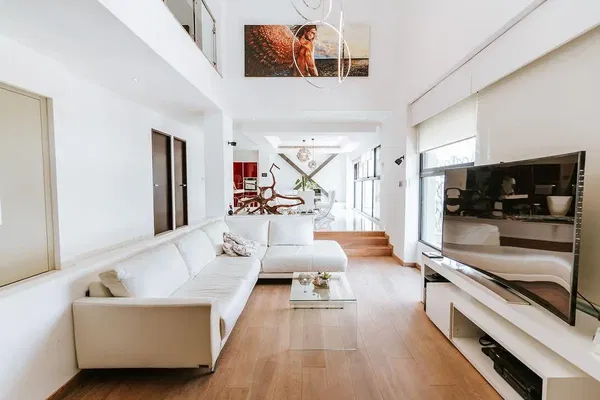 Salon; parquet, lumière naturelle, style moderne, hauteur sous plafond