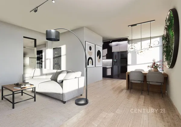 Living room; wood floor, natural light, modern style, high ceiling