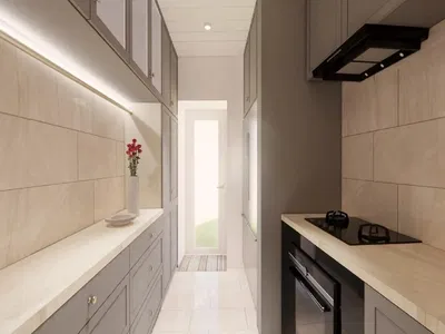 Kitchen; kitchen appliances, wood floor, natural light, modern style, renovated