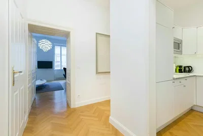 Keuken; keukenapparatuur, houten vloer, natuurlijk licht, moderne stijl