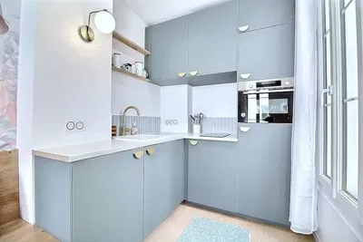 Keuken; keukenapparatuur, houten vloer, natuurlijk licht, moderne stijl