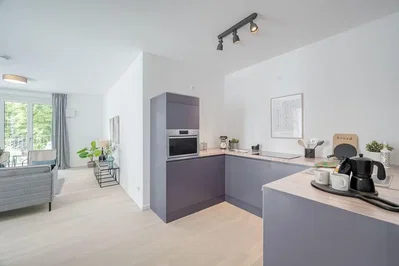 Küche; küchengeräte, holzboden, tageslicht, moderner stil