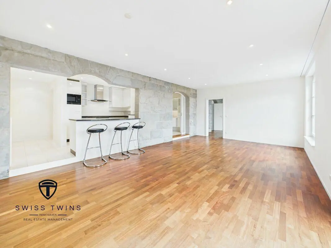 Kuchyně; kuchyňské spotřebiče, dřevěná podlaha, přirozené světlo, moderní styl