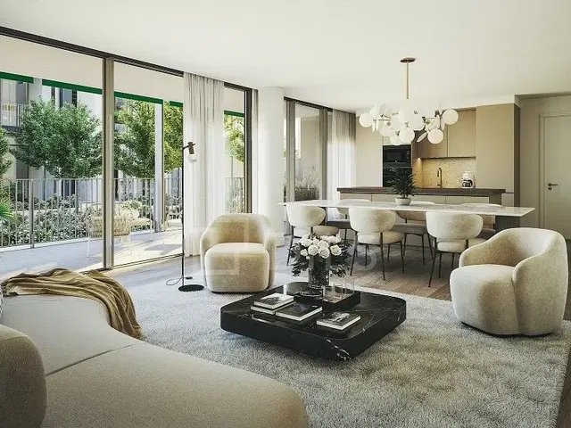 Kitchen; kitchen appliances, wood floor, natural light, modern style