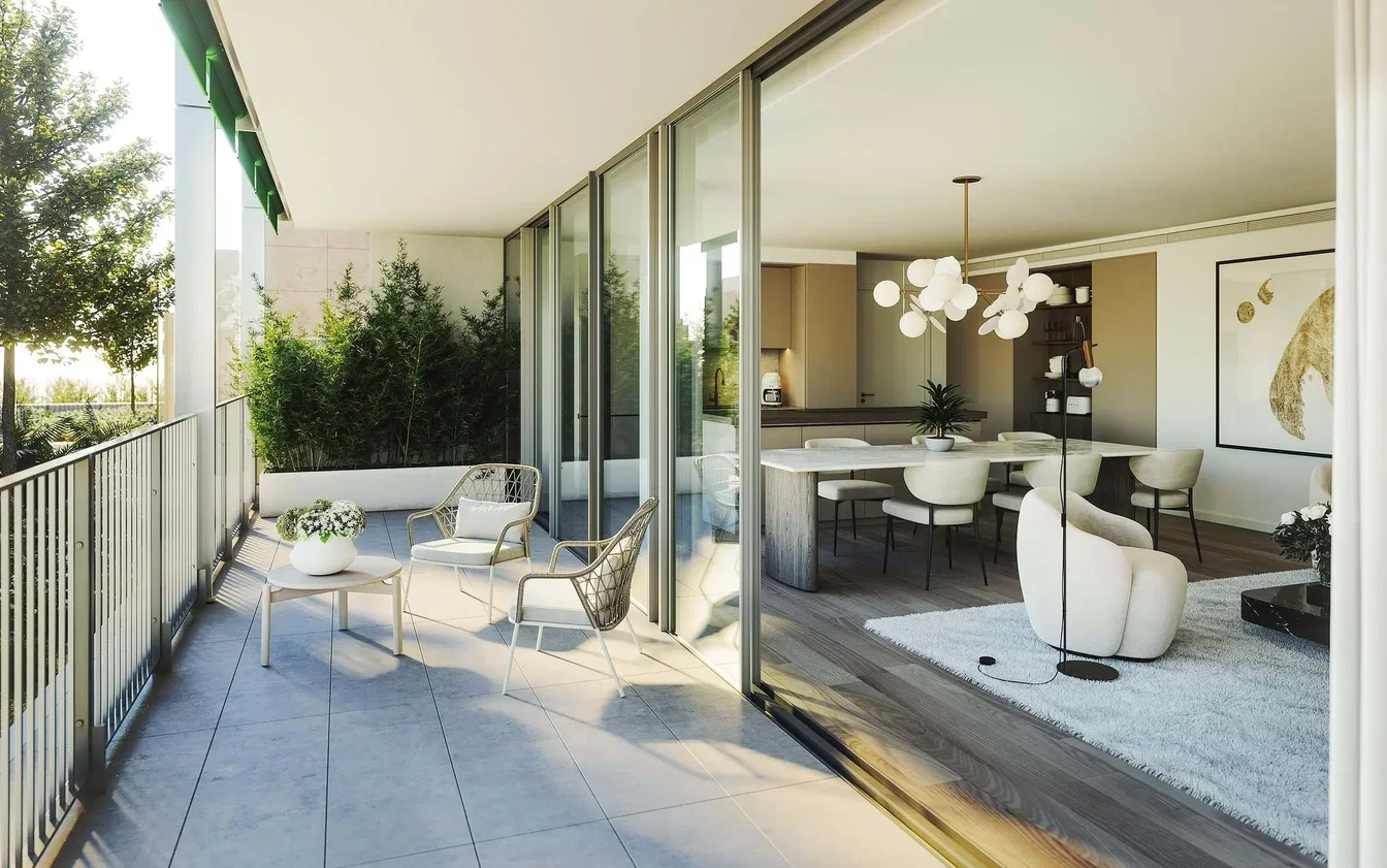 Kitchen; kitchen appliances, tile floor, natural light, modern style