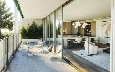 Kitchen; kitchen appliances, tile floor, natural light, modern style